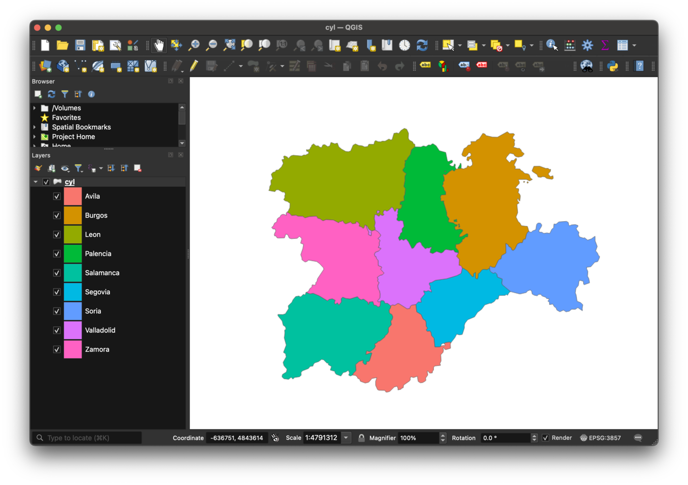 A SpatVector of Castile and Leon provinces in QGIS, each province in its own category color