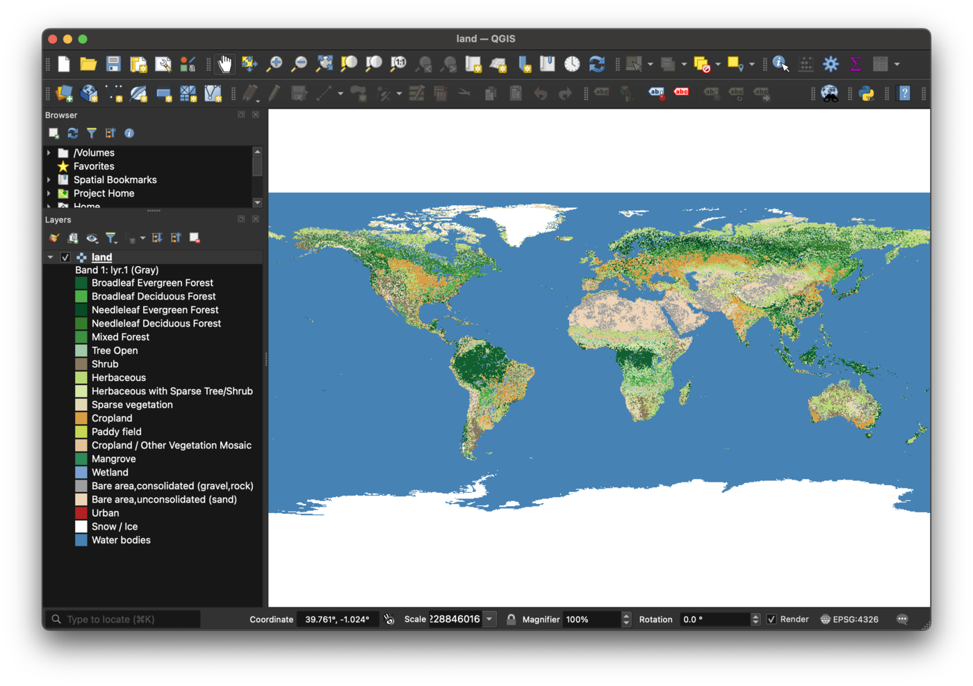 The global land cover raster in QGIS as a paletted layer, the legend listing tmap's land cover classes by name