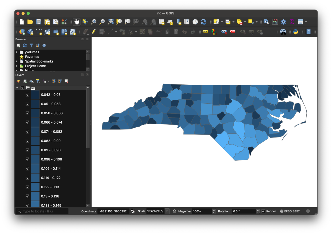 The exported project open in QGIS, the North Carolina counties filled with the same blue gradient as the ggplot2 plot
