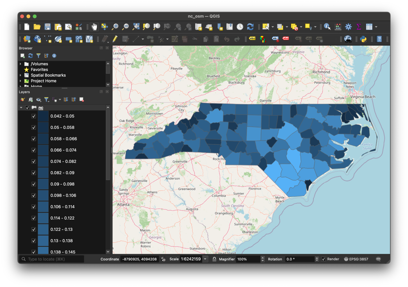 The same QGIS project with an OpenStreetMap basemap drawn below the counties