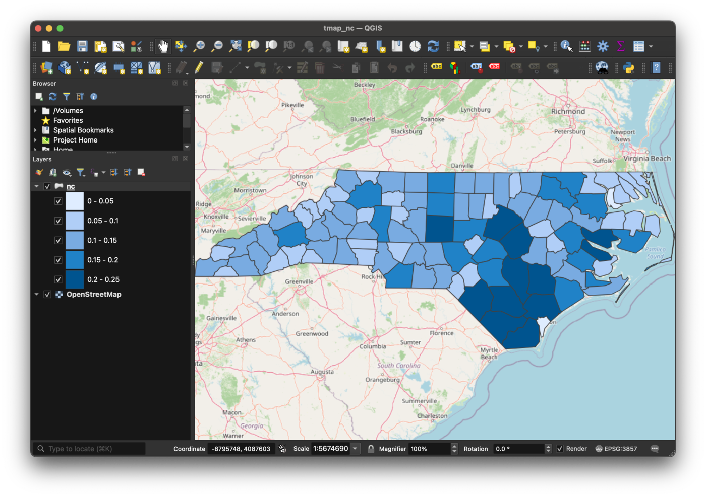 A tmap map exported to QGIS, the counties classified with tmap's own interval breaks over an OpenStreetMap basemap