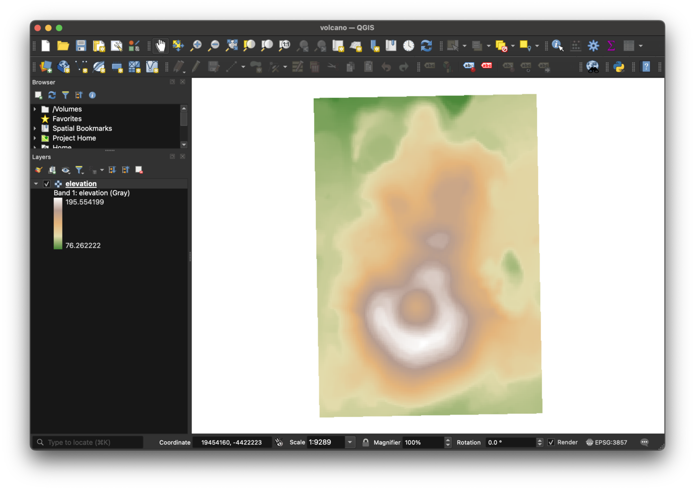 The volcano2 elevation raster in QGIS, drawn with a pseudocolor ramp matching the whitebox fill scale
