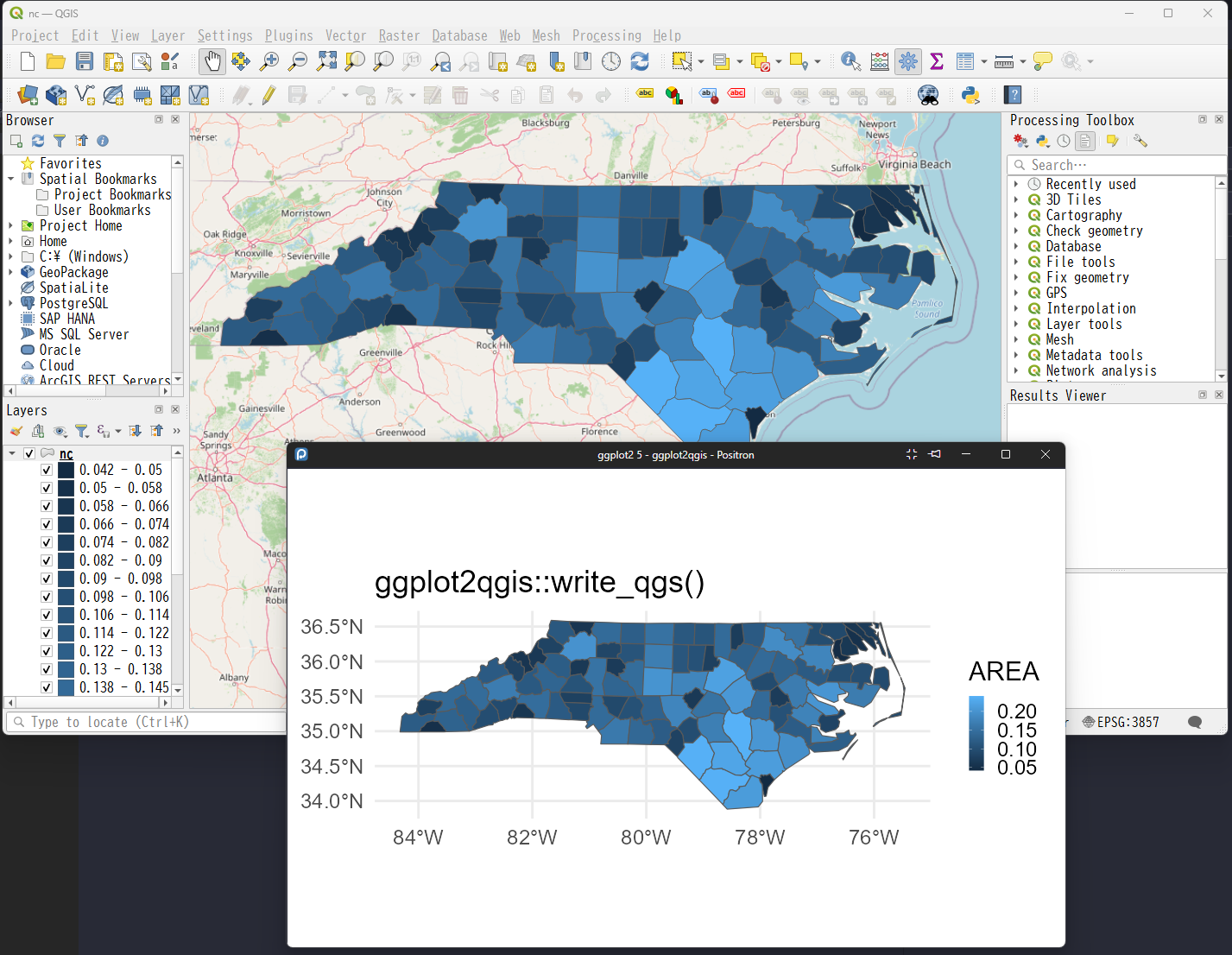 A ggplot2 map (front) and the exported QGIS project (back) showing the same North Carolina counties with the same fill colors over an OpenStreetMap basemap